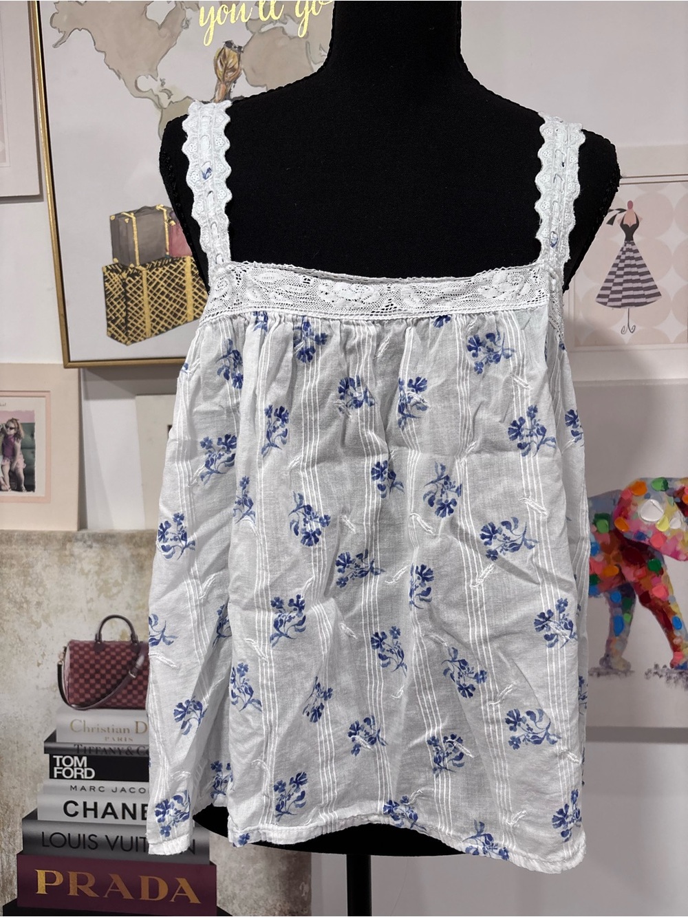 Joie White Tank with Blue Floral Print and Lace Trim